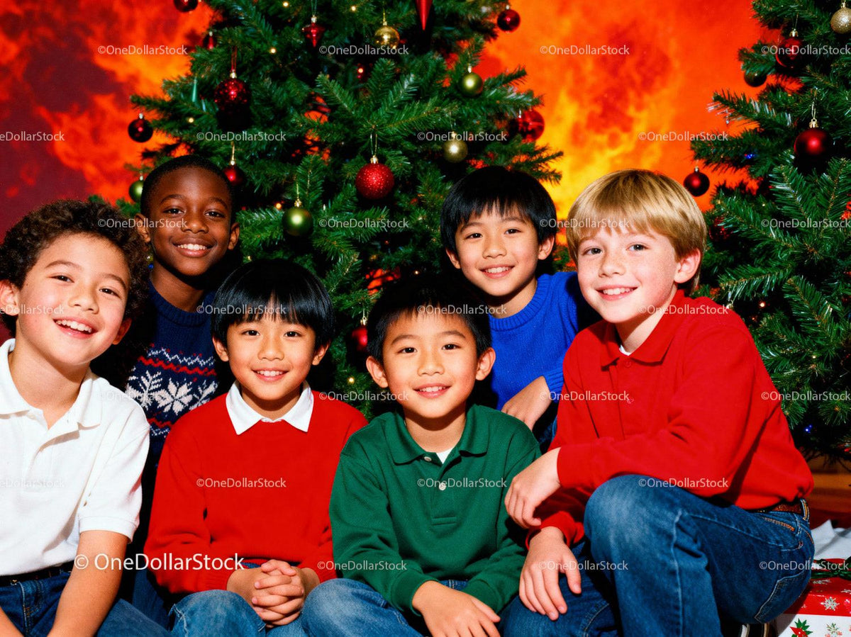 Diverse group of smiling kids celebrating Christmas together