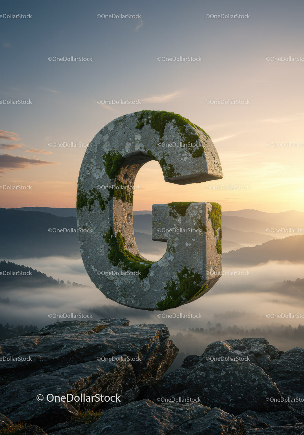 Moss-covered Stone Letter G Floating Over Mountain Landscape