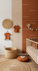 Warm Modern Nursery with Woven Basket and Wall Hangings