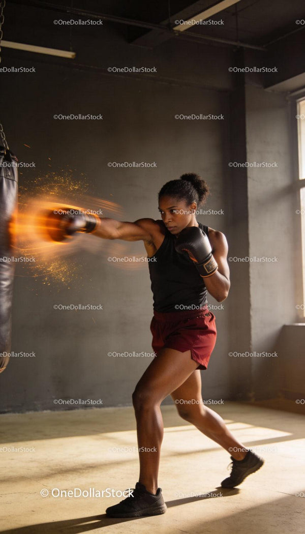 Focused female boxer delivering a powerful punch