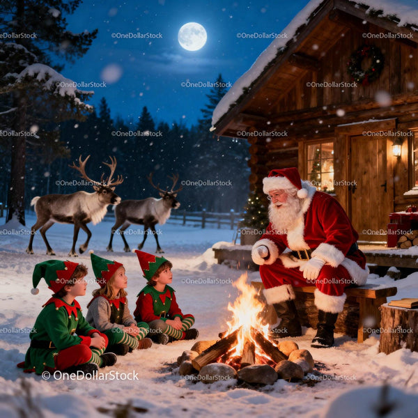 Santa Sharing Stories by Campfire with Christmas Elves