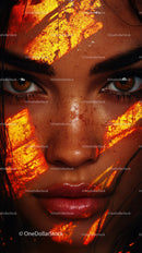 Close-Up of a Woman's Face with Fiery Makeup and Intense Eyes