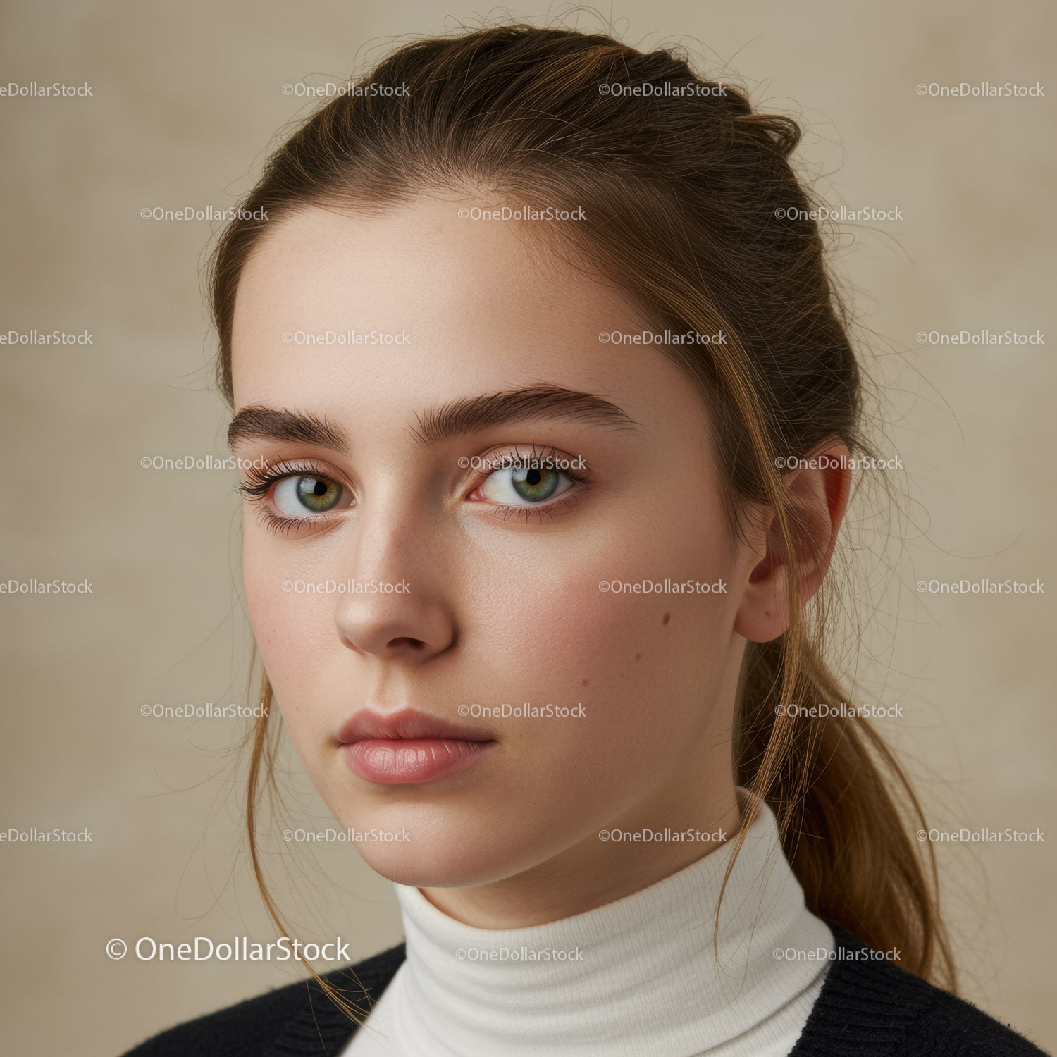 Elegancki portret młodej kobiety o niebieskich oczach i kasztanowych włosach