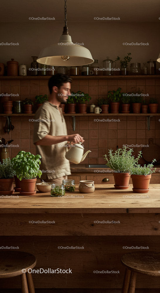 Man Watering Fresh Basil and Herbs in a Cozy Kitchen