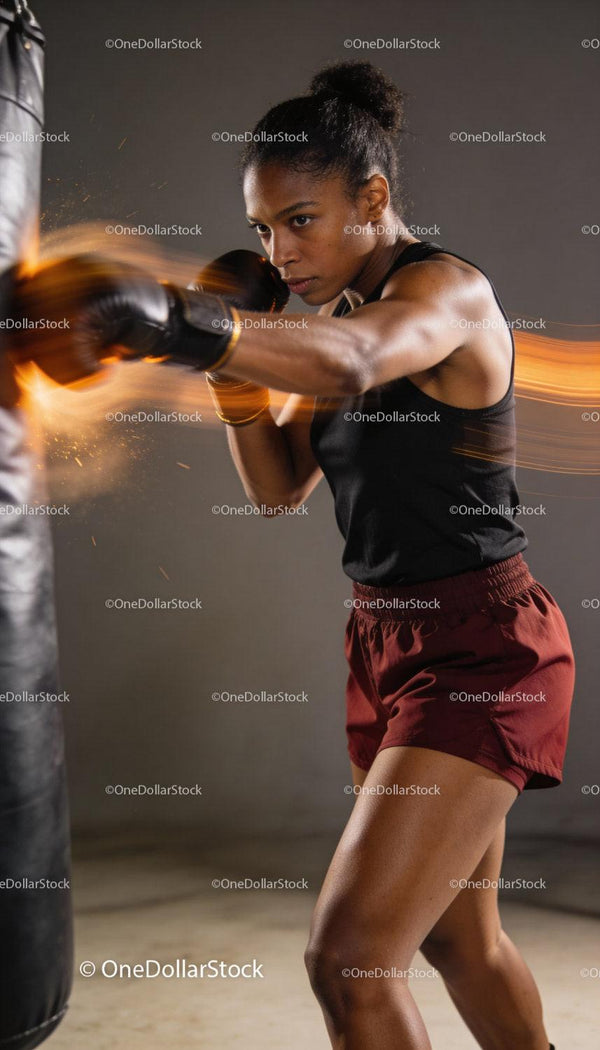 Focused female boxer training with punching bag