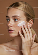 Close-up of a woman applying moisturizer with clear skin and freckles