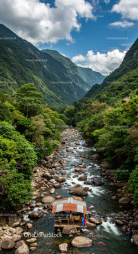 Scenic Mountain River in Lush Green Valley with Rock Formations