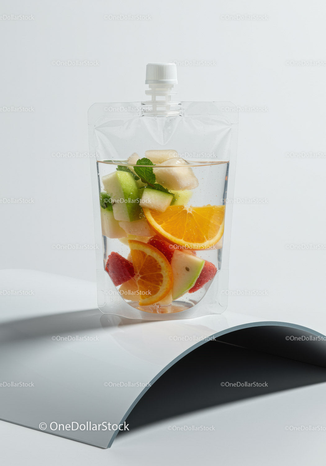 Fresh fruit infused water in clear pouch bottle