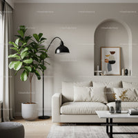 Cozy modern living room with sofa and indoor plant