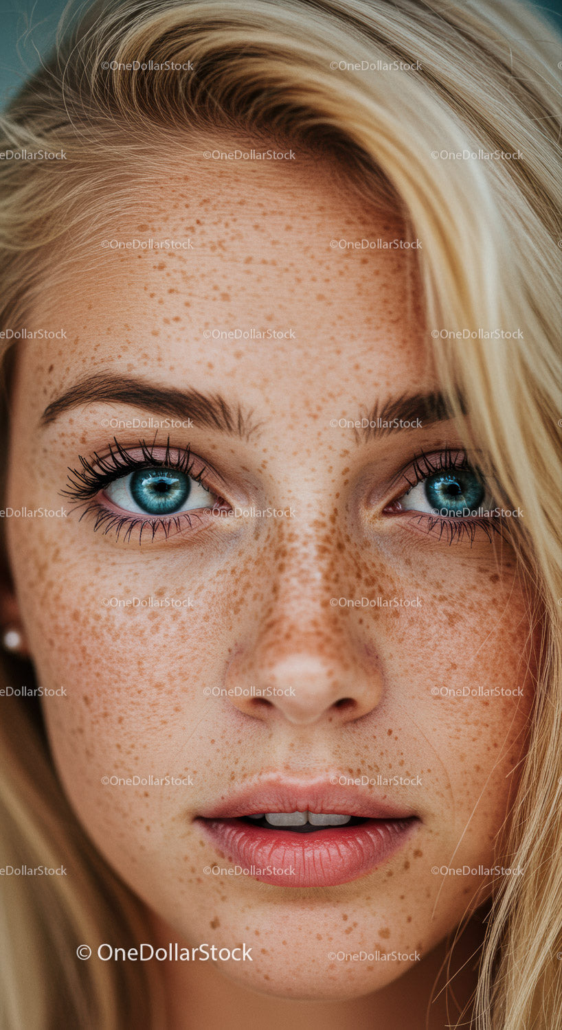 Close up of young woman with striking blue eyes and freckles