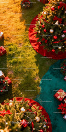 Christmas trees and holiday gifts on festive grass
