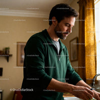 Man focused on preparing food by kitchen sink window