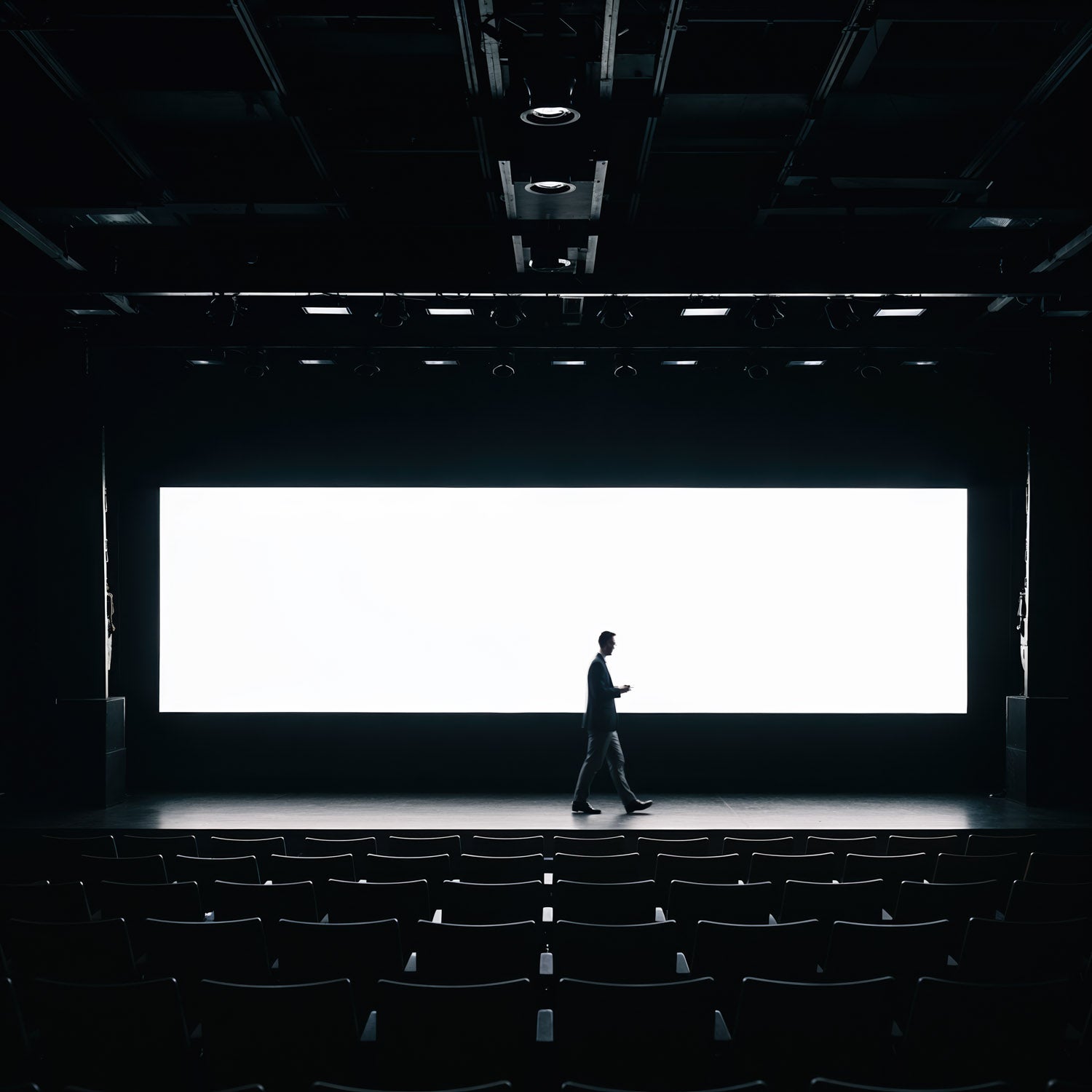 Businessman walking across empty theater stage with screen