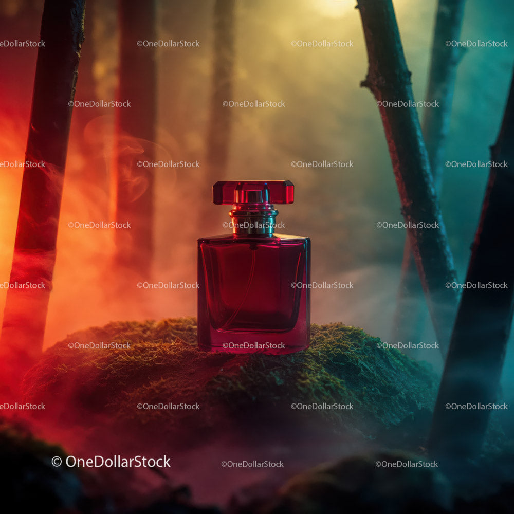Bold Red Perfume Bottle in Mystical Forest Scene