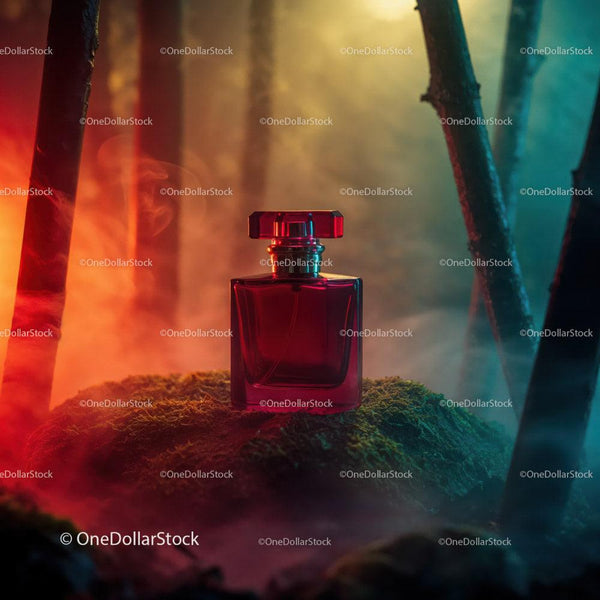 Bold Red Perfume Bottle in Mystical Forest Scene JPG Mockup Image