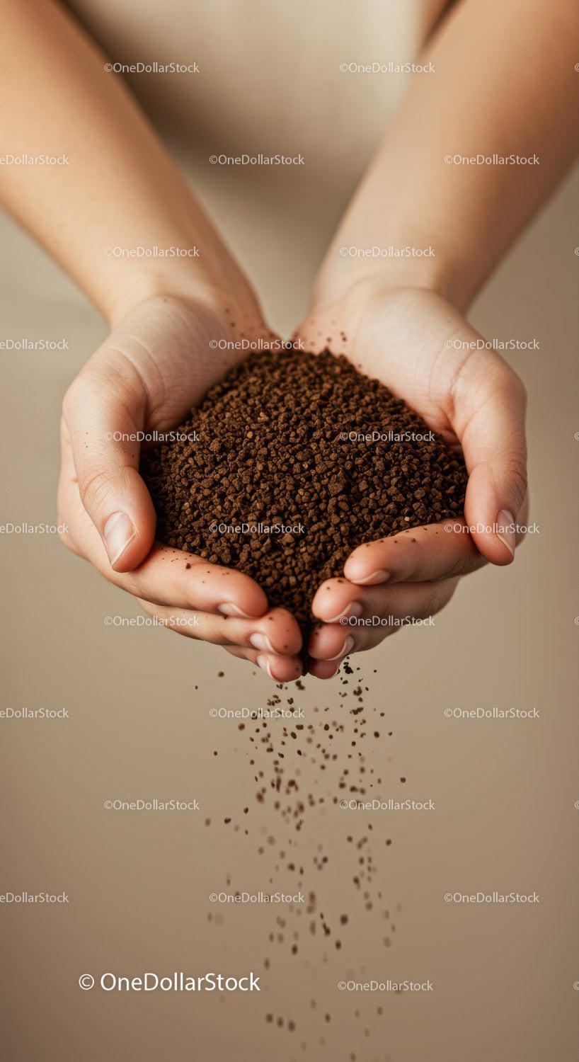 Hands gently holding falling coffee granules