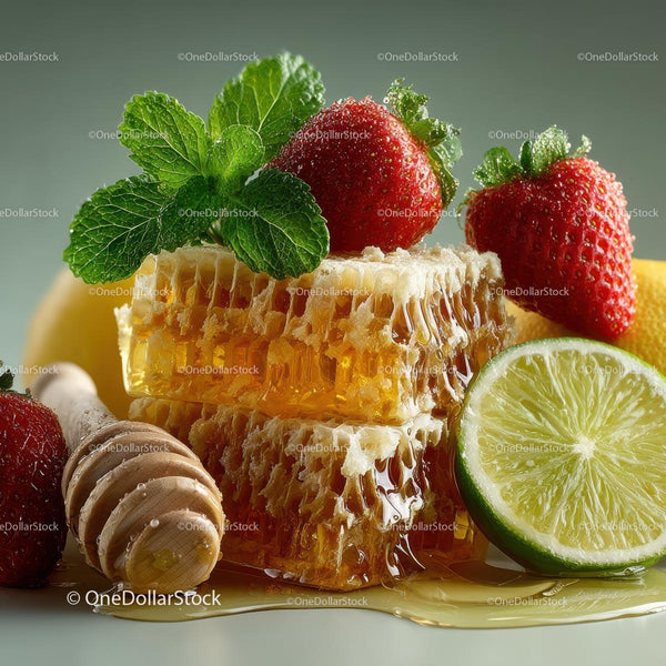 Fresh Honeycomb with Strawberries and Lime Garnish Stock Photo Bundle (28 JPG Files)