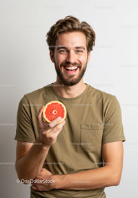 Smiling Man Holding Grapefruit in Bright Casual Setting