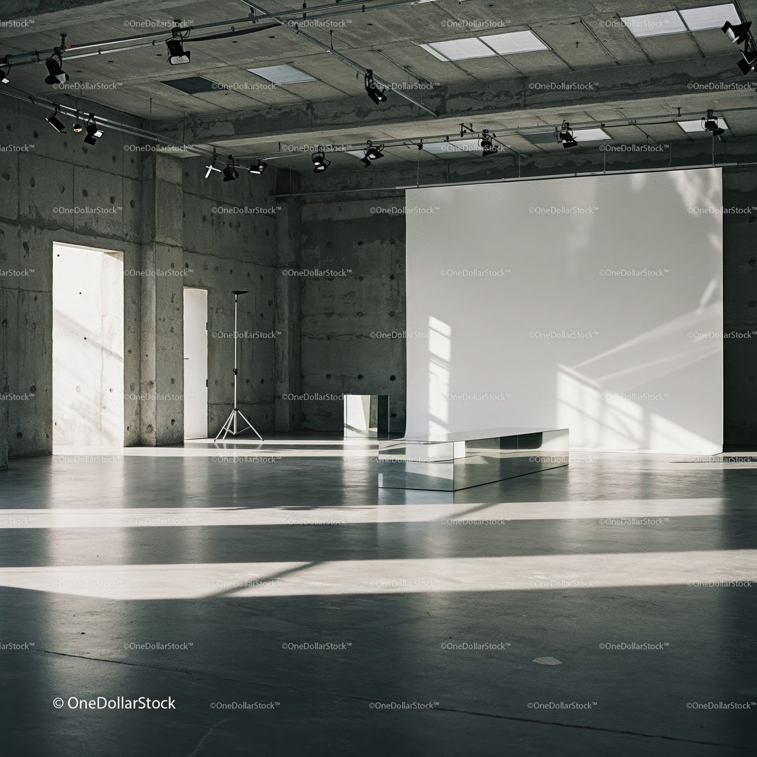 Minimalist industrial photo studio with natural light