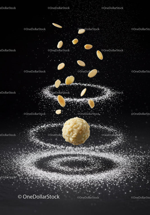 Almond coated ball with flying almond slices and powdered sugar