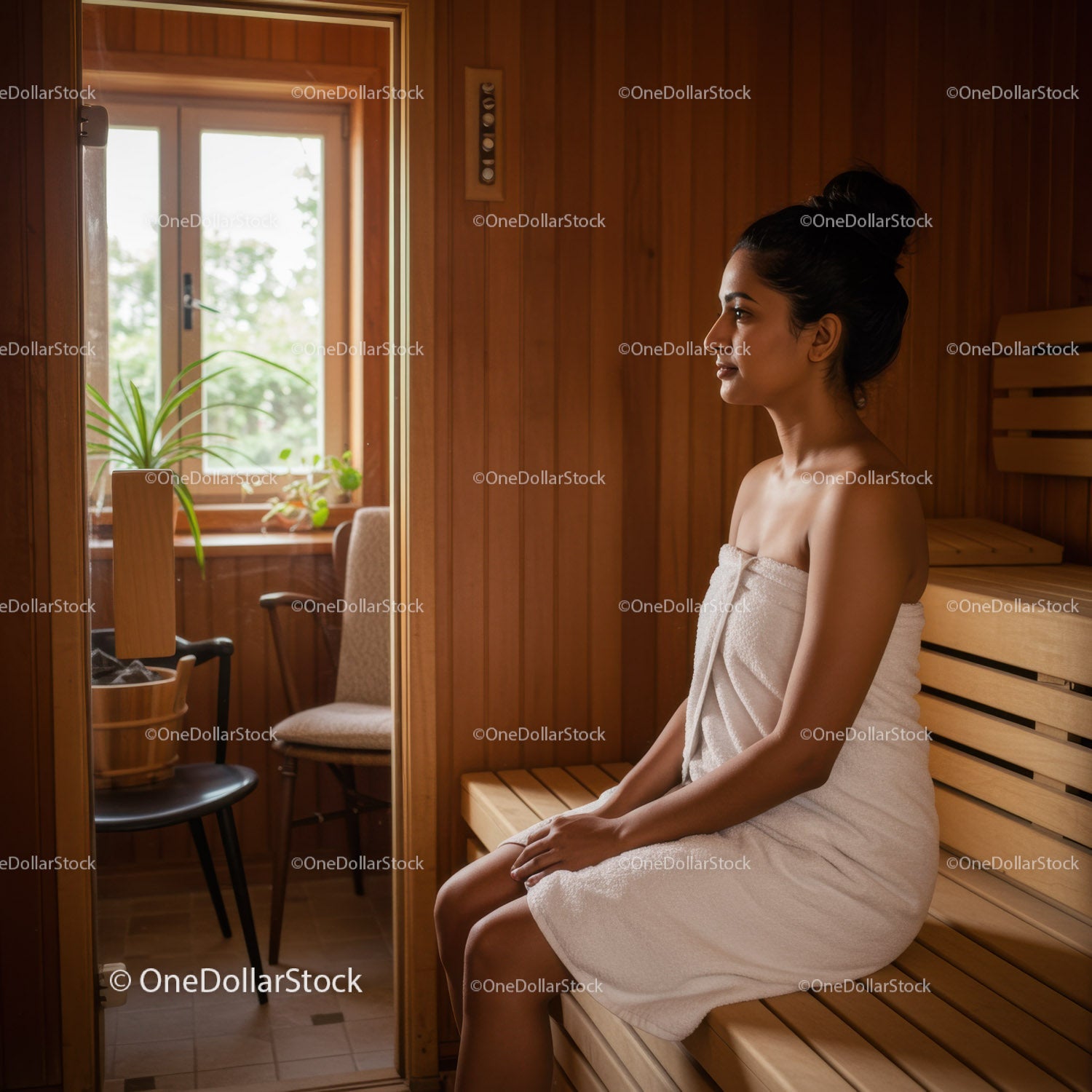 Relaxing Woman Sitting in Sauna Room with Wooden Interior and Natural Light