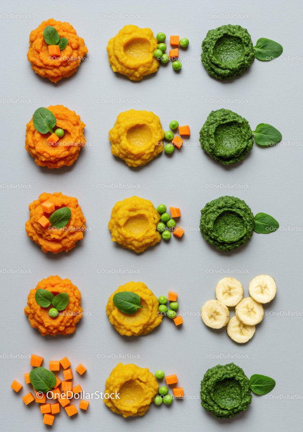 Colorful vegetable and fruit purees with fresh greens