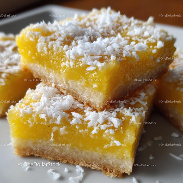 Lemon Bars with Coconut Topping on White Plate