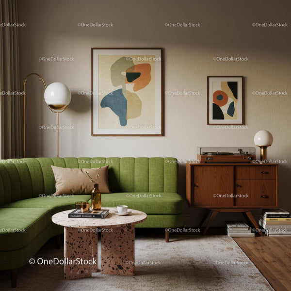 Modern Living Room with Green Sofa and Abstract Art