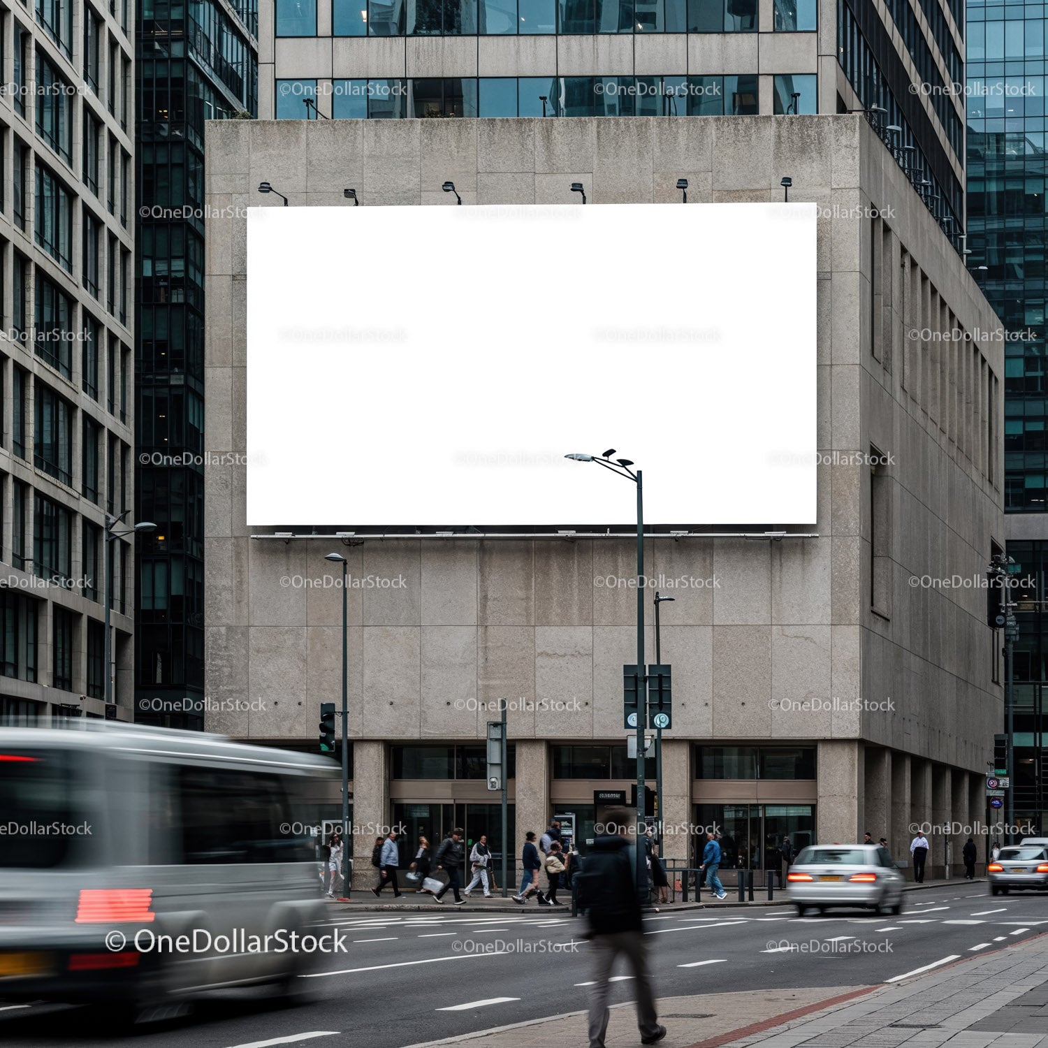 Urban street scene with blank billboard on city building
