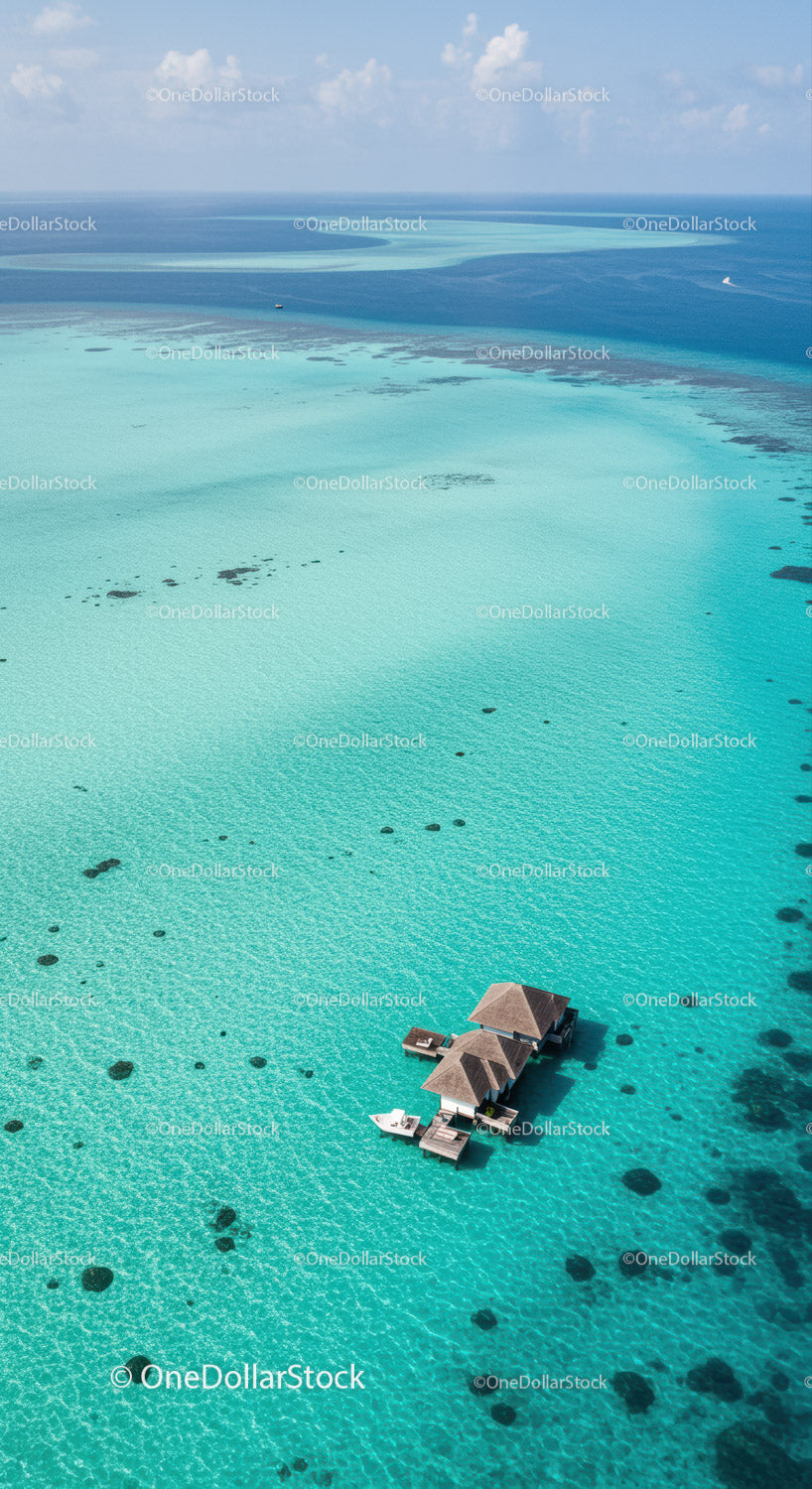 Overwater Bungalows Over Blue Turquoise Ocean with Scenic View