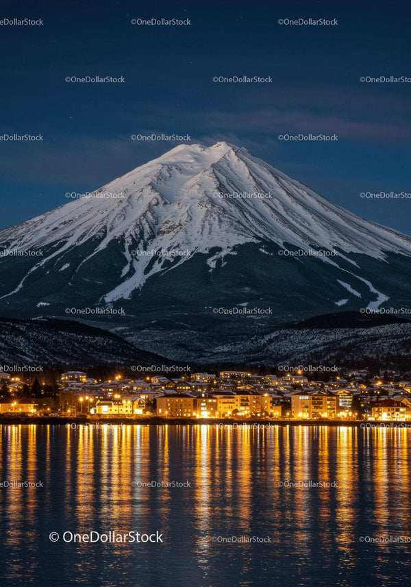 Snowy Mountain Overlooking Illuminated Waterfront Town
