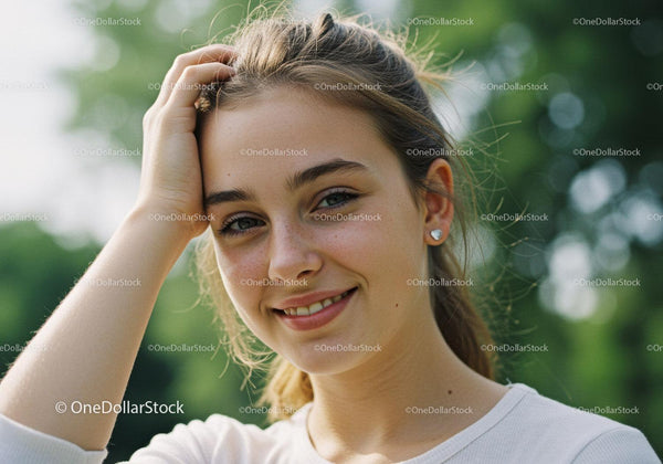 Young Woman Smiling Outdoors with Greenery and Natural Light