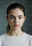 Elegant Young Woman with Bright Blue Eyes in Minimalist Portrait