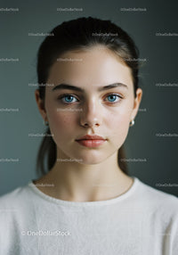 Elegant Young Woman with Bright Blue Eyes in Minimalist Portrait