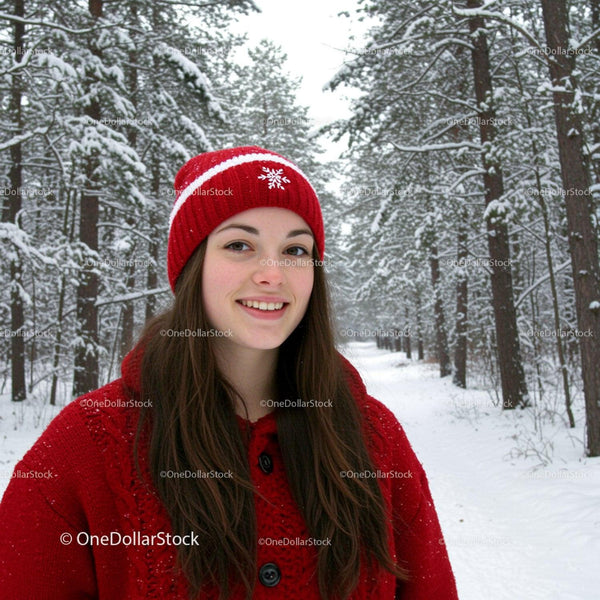 Smiling woman in red winter clothes in snowy forest