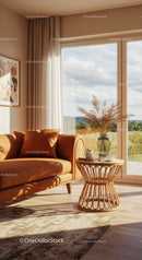 Cozy Living Room with Leather Sofa and Scenic View