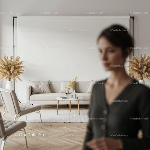 Modern cozy living room with neutral decor and dried plants JPG Mockup Image