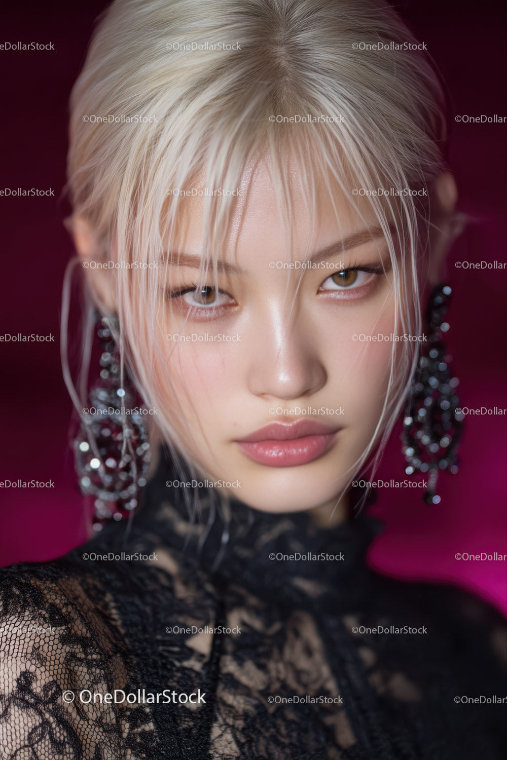 Elegant Glamorous Woman with Platinum Blonde Hair and Intense Gaze