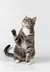 Playful tabby cat raising paw on white background