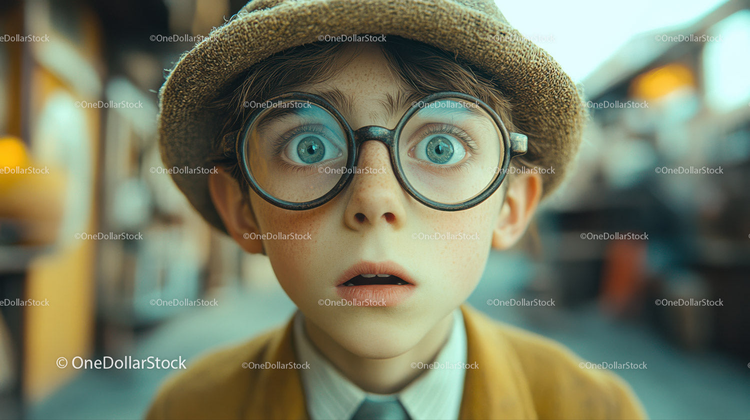 Young Boy with Blue Eyes and Round Glasses Expressing Surprise