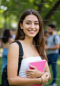 Smiling Young Woman Holding Notebook in Park During Sunny Day