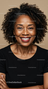Confident Smiling African American Woman in Black T-Shirt