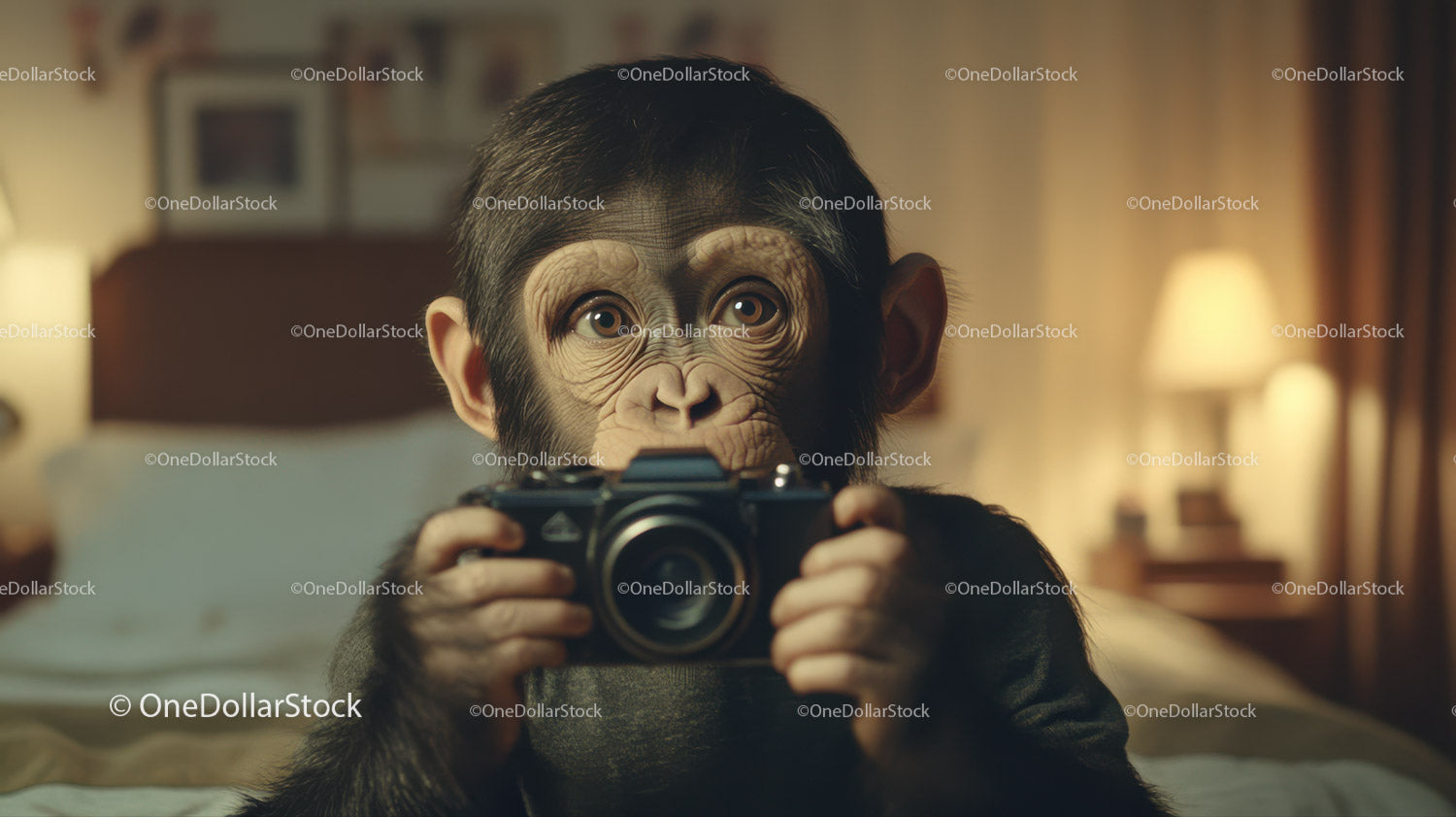 Chimpanzee Holding Camera in Indoor Setting with Warm Lighting