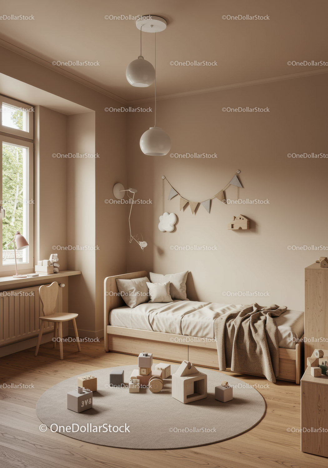 Cozy Children's Bedroom with Wooden Bed and Playful Toys