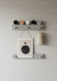 Modern Minimalist Wall Art Shelf with Frame and Hooks in Neutral Tones