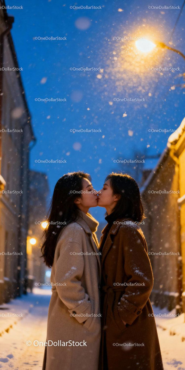 Couple sharing tender kiss on snowy winter evening
