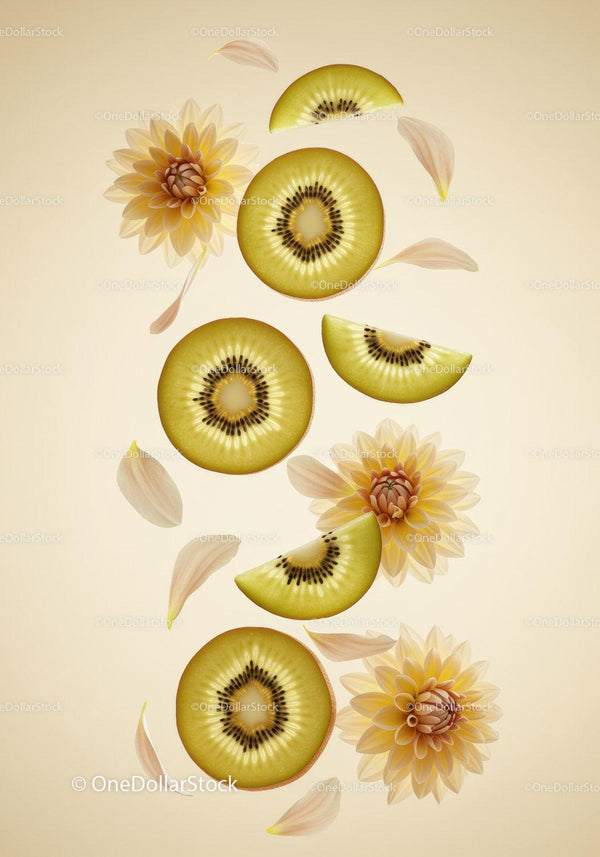 Golden kiwi slices with soft yellow dahlia petals