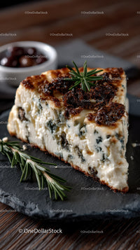 Artisan Blue Cheese Wheel on Dark Rustic Surface in Gourmet Food Setting