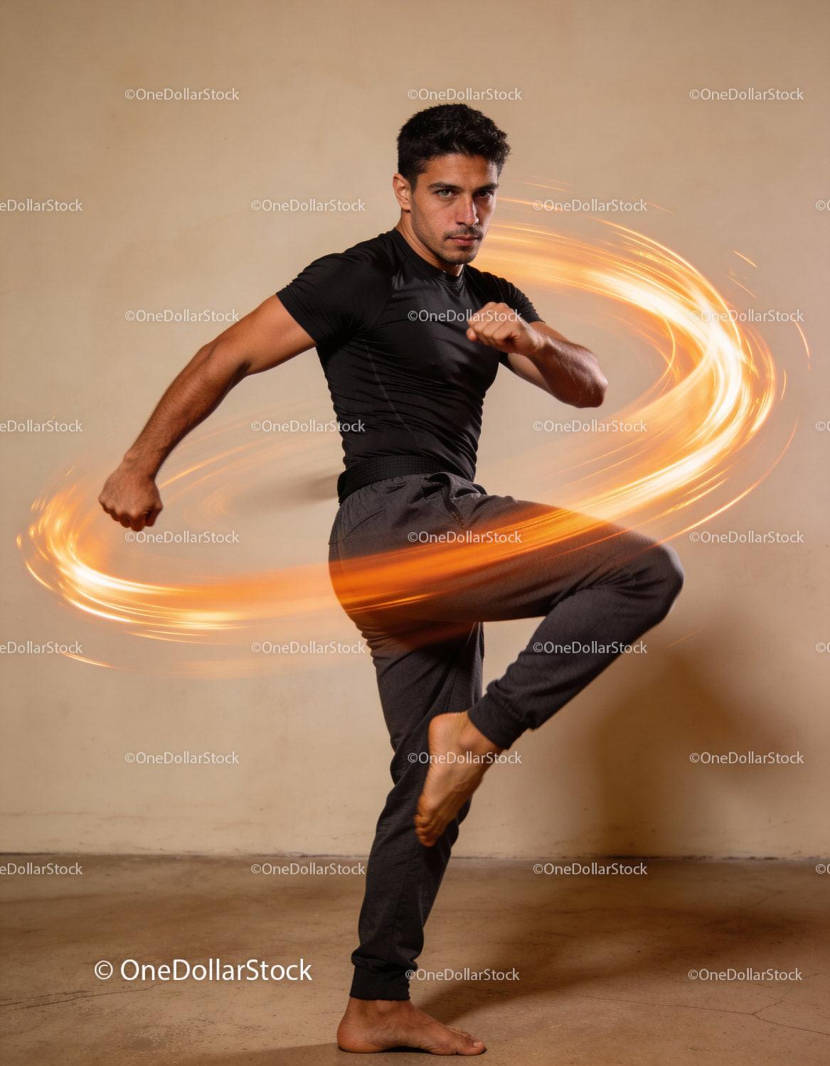 Young man performing martial arts move with light swirl