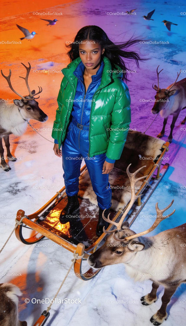 Young woman with reindeer sled in vibrant winter setting
